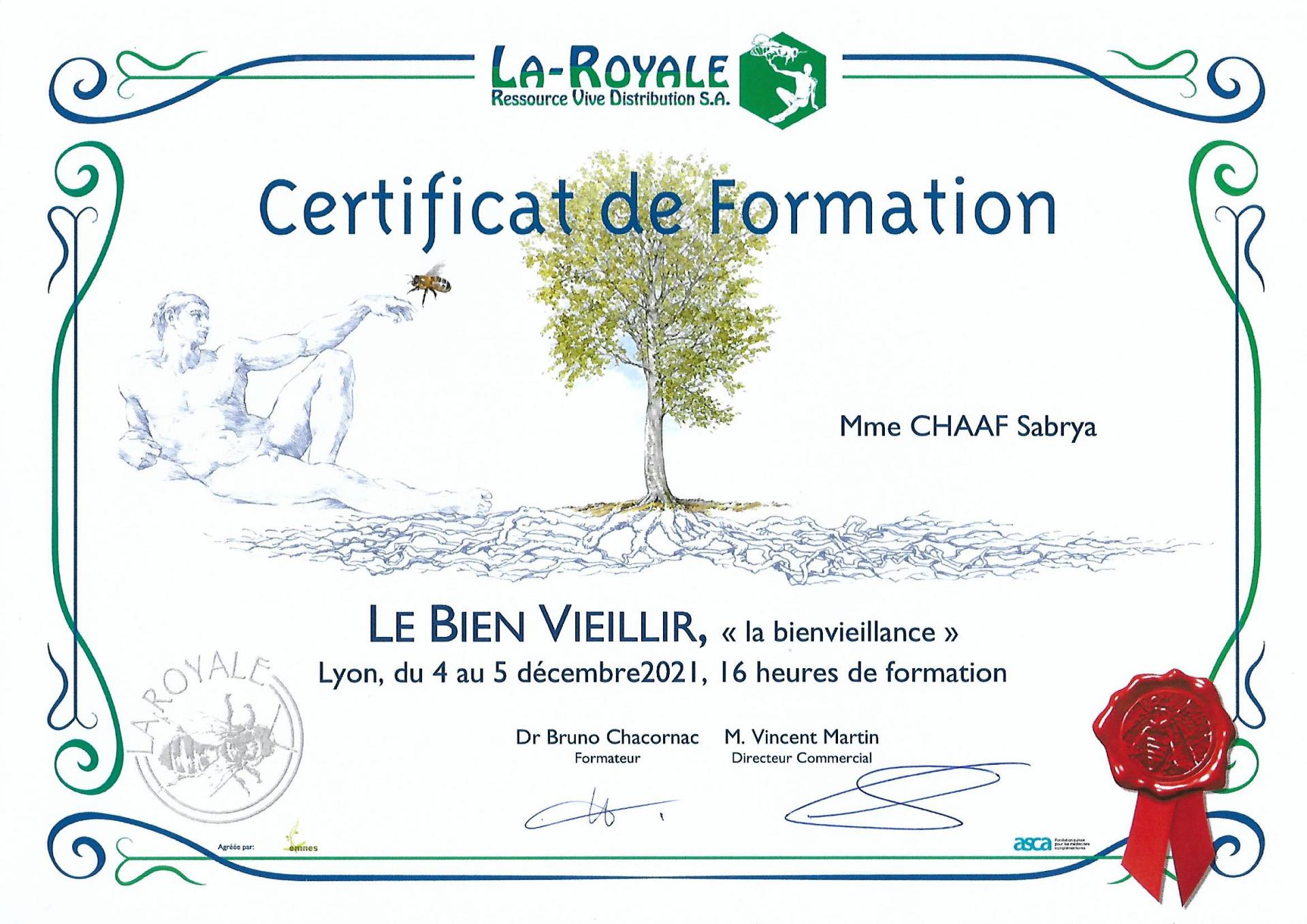 Certificat de formation bien vieillir sabrya chaaf naturopathe