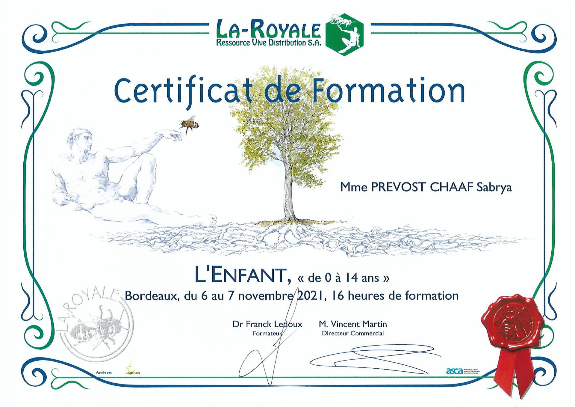 Certificat de formation l enfant sabrya chaaf naturopathe