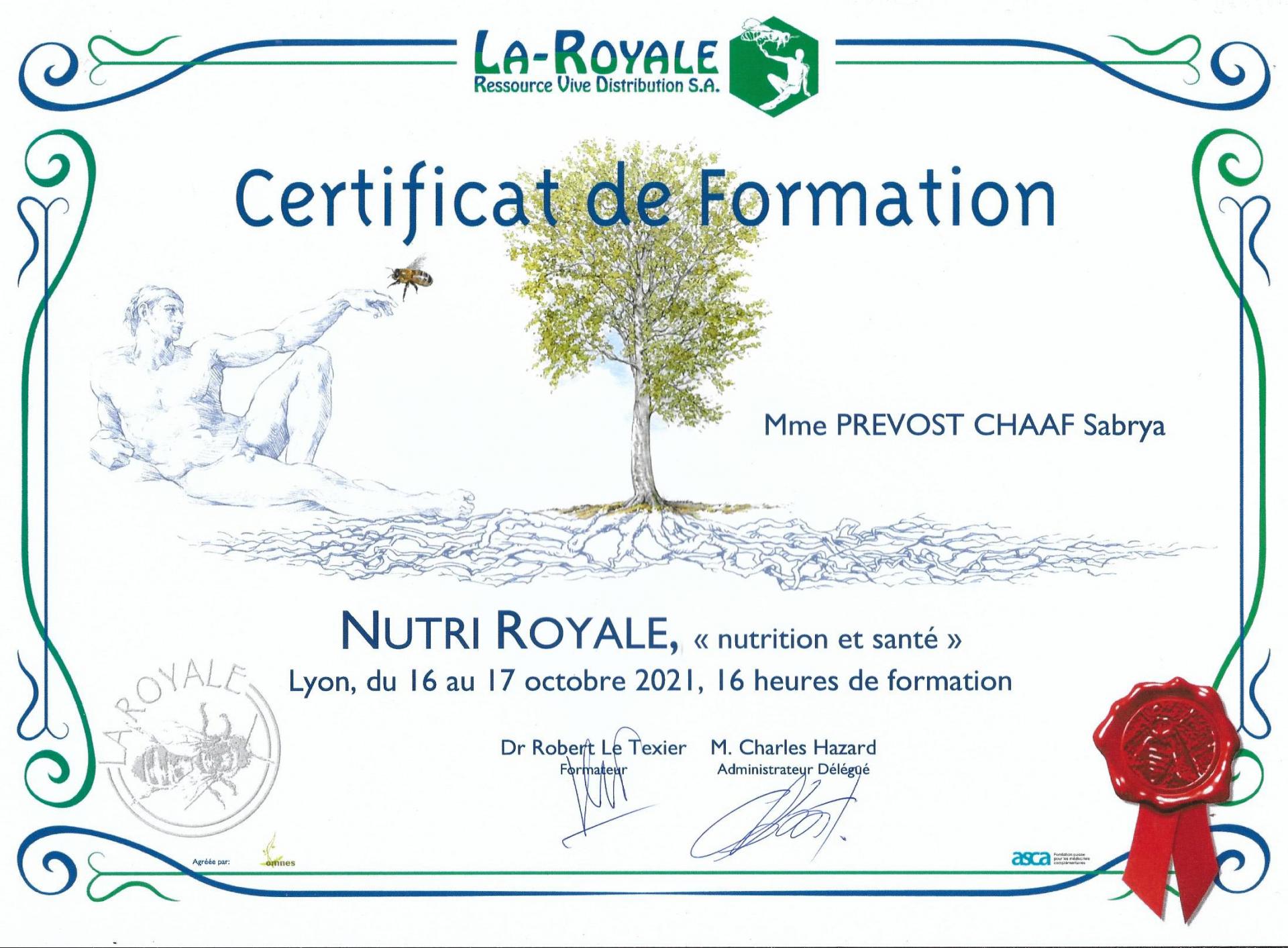 Certificat de formation nutrition et sante sabrya chaaf naturopathe