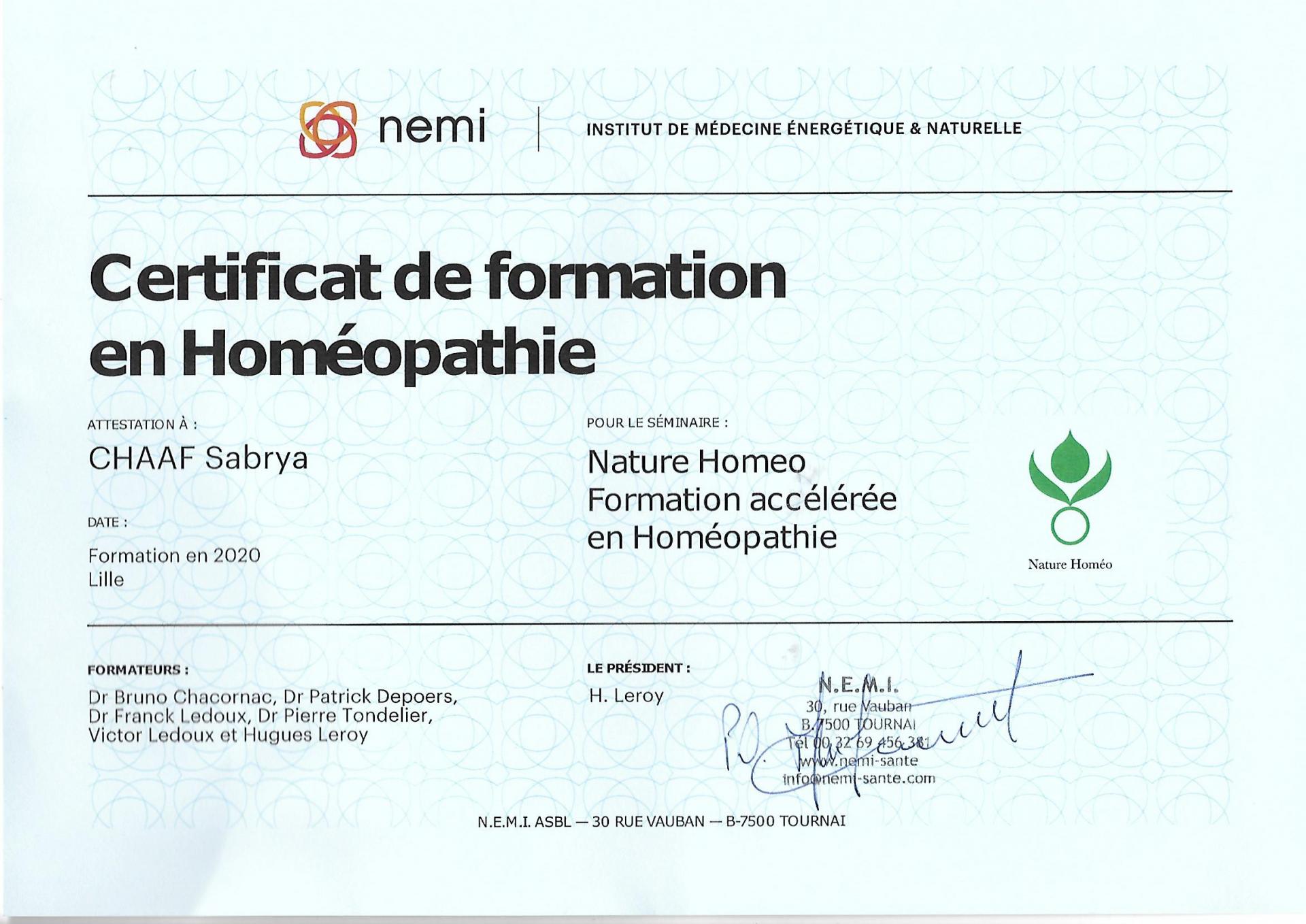 Certification homeopathie sabrya chaaf